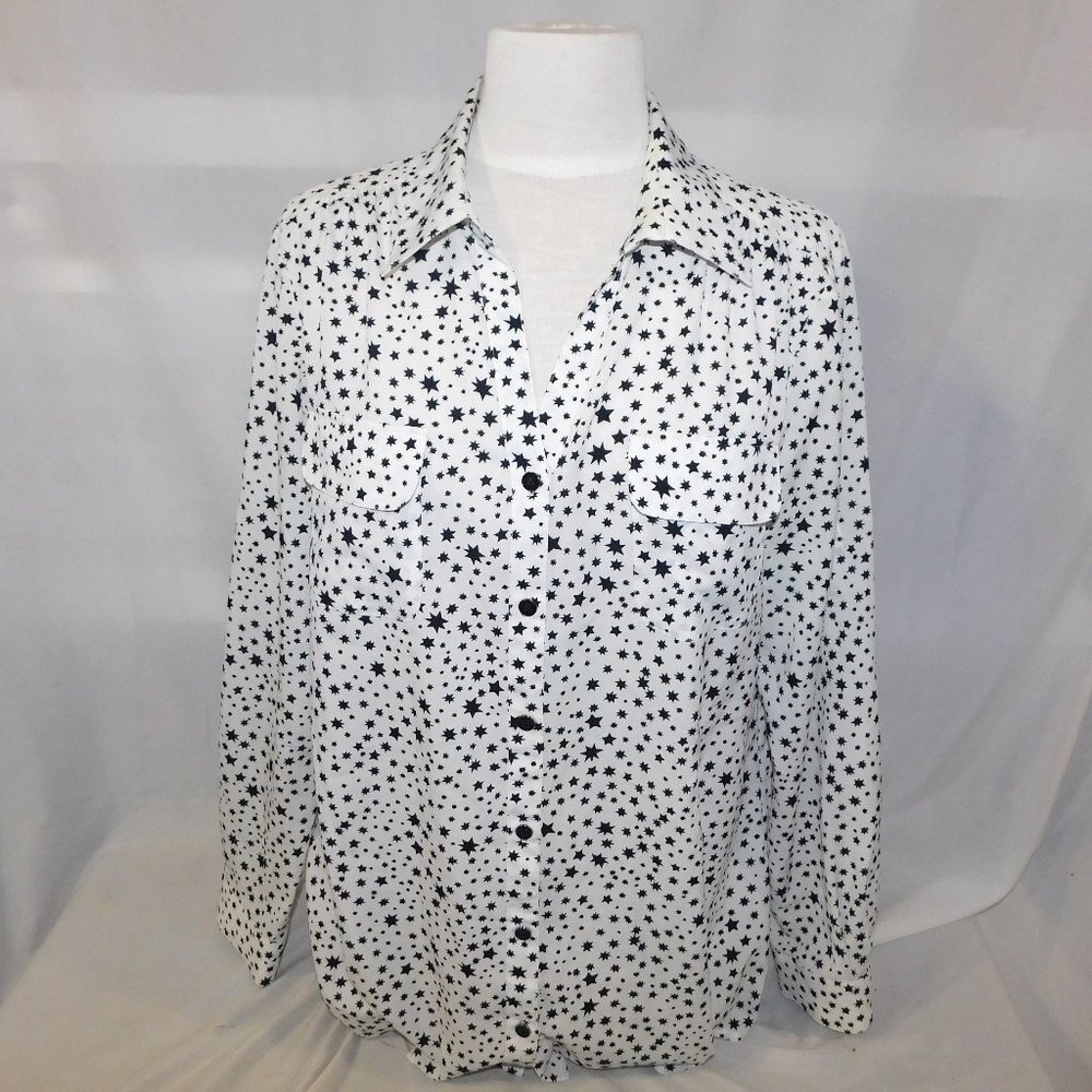 Jones New York White Black Star pattern roll up long sleeve Blouse Womens L